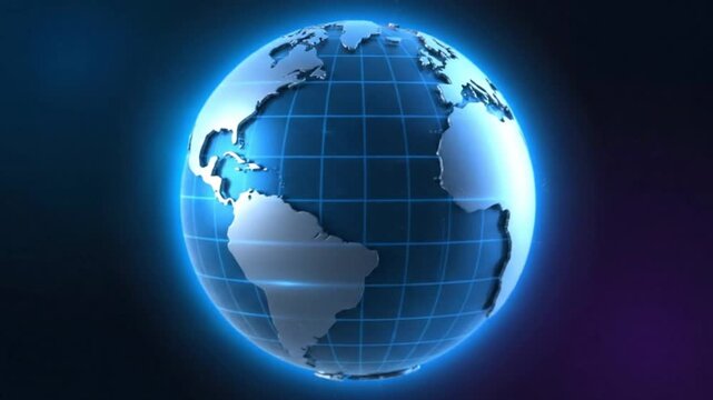 animation of an abstract rotating globe with subtle grid lines and glowing highlights. Smooth rotation and gentle camera movement create a dynamic, professional news background. Clean,