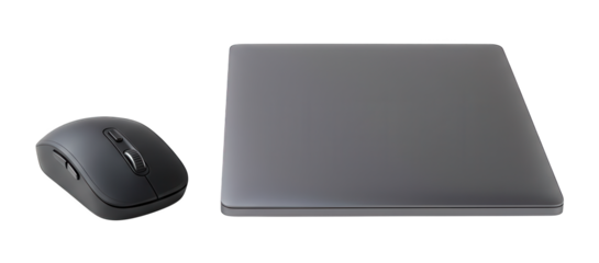 Wireless mouse and flat trackpad on black background.