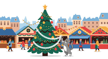 Obraz premium Playful Cat Interacting with Decorated Christmas Tree.