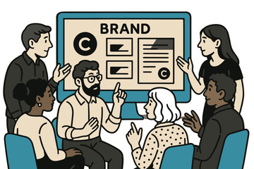 Team collaboration on branding strategy with concept design on screen