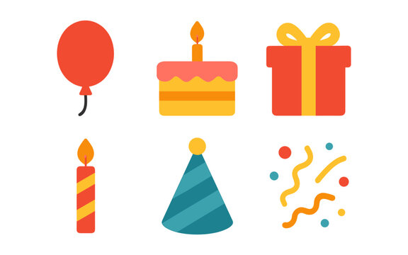 Colorful birthday celebration icons with cake, balloon, gift, and party elements in flat design