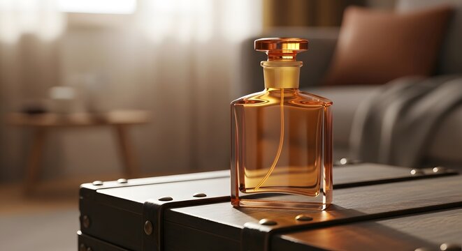 Elegant amber perfume bottle on rustic wooden chest indoors fragrance luxury beauty aroma scent product display elegance rich opulent