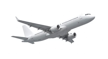 White passenger airplane flying upwards, modern jet isolated on white background