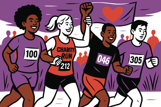 Joyful group running in charity event with heart banner and race numbers