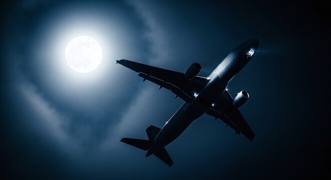 Passenger airplane flying at night, silhouetted against a dramatic full moon and dark blue sky with subtle clouds