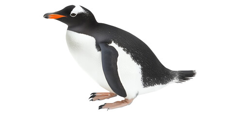 Fototapeta premium Gentoo penguin facing left with bright orange beak and white markings on its head