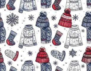 Hand-drawn winter clothing and snowflakes pattern on a white background