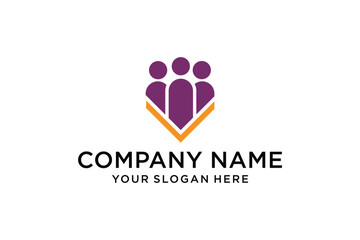 Abstract People Group Teamwork Logo Design featuring Three Purple Figures and an Orange V-Shape, Symbolizing Community and Unity