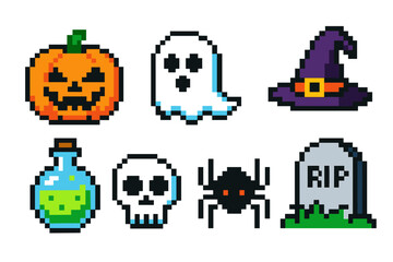 Retro pixel art halloween icons featuring ghost, skull, and spider