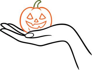 Hand holding pumpkin – Halloween line art illustration
