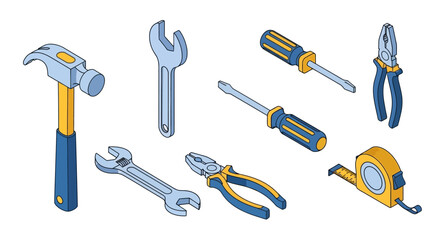 Isometric illustration of various hand tools, including hammer, wrenches, screwdrivers, pliers, and tape measure.