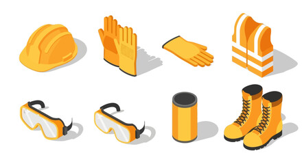 Isometric illustration of safety equipment including hard hat, gloves, goggles, vest, boots, and canister.