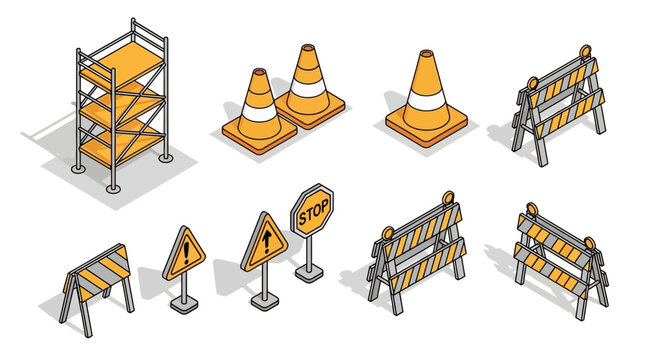 Isometric construction site elements: scaffolding, cones, barriers, and signs.