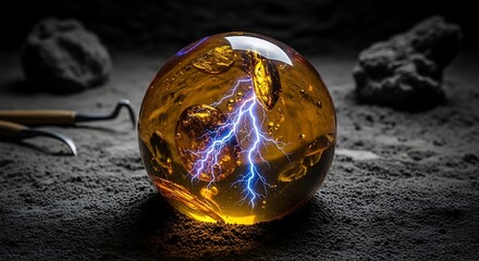 Mystical Sphere Containing Lightning Amber Energy Concept Illustration Powerful Magic And Natural Wonder Display