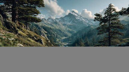 A scenic vista of mountains and verdant valleys with tall trees