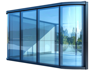 Modern glass curtain wall facade reflecting architectural interior and exterior elements isolated on transparent background