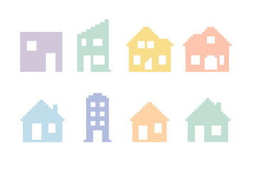 Fototapeta premium Colorful pixel art of various house shapes in pastel palette
