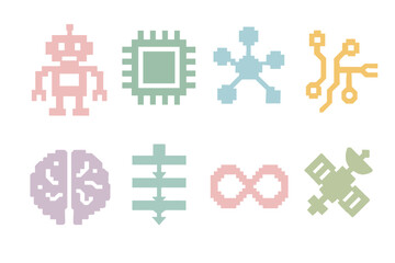 Obraz premium Retro pixel art icons: robotics, ai, and technology symbols