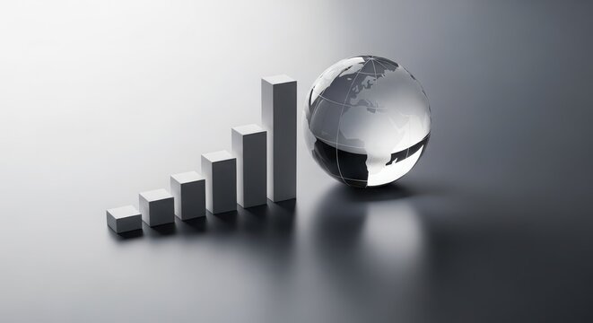 Global business growth concept with bar graph and crystal globe on a dark surface symbolizing international market expansion