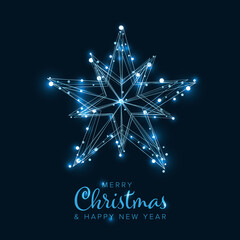 Christmas Card Template with Christmas star with glowing blue lights on a dark background. This decorative Christmas star design creates a festive and glowing atmosphere for the holiday season.