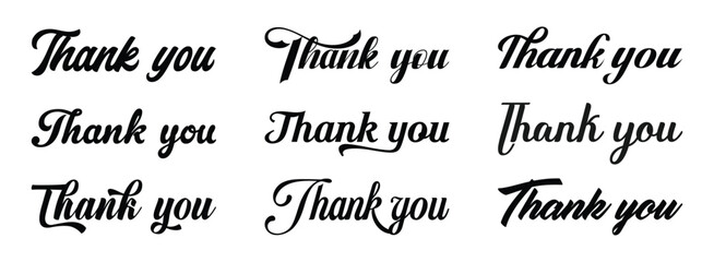 Set of different black thank you text illustration,. Thank You” text designs in multiple fonts and styles