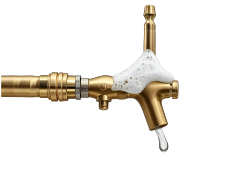 Golden metal beer keg tap spout isolated on black studio background for beverage service isolated on transparent background