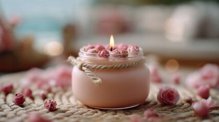 Dome Soy Candle Pastel Peach Wax with Dried Roses Topper