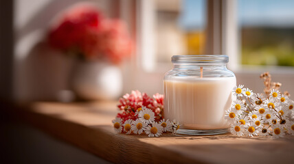 Dome-Top Jar Cream Wax Pressed with Lavender and Daisies, Twin Wicks