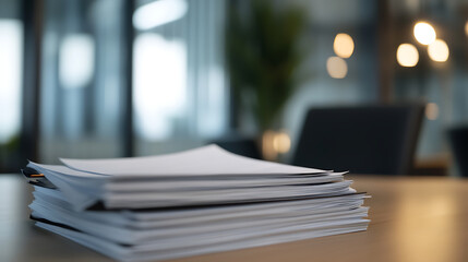 Pile of documents on a desk in a modern office. Paperwork is an integral part of business and work. Documents can be reports, records, invoices, forms, agreements.