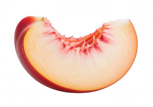 Juicy peach slice with red and yellow hues fruit isolated on a transparent background