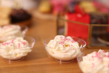 Buffet menu. Different delicious desserts on table, selective focus