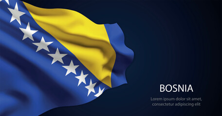 Bosnia national flag with elegant folds on dark background
