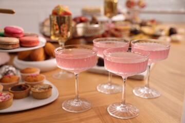 Buffet menu. Delicious desserts and drinks on table, selective focus