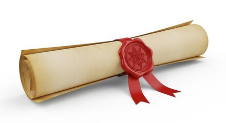 A Vintage Rolled Parchment Document Sealed with Red Wax and Ribbon