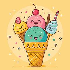 Melting ice cream with colorful candy sprinkles on wafer background. Waffle cone with dripping pink dessert texture. Minimal flat design for template banner, poster, label, Vector illustration