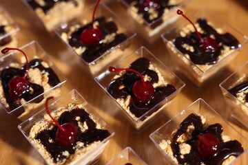 Buffet menu. Delicious desserts on table, closeup
