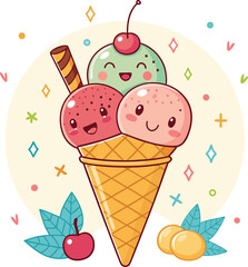 Melting ice cream with colorful candy sprinkles on wafer background. Waffle cone with dripping pink dessert texture. Minimal flat design for template banner, poster, label, Vector illustration