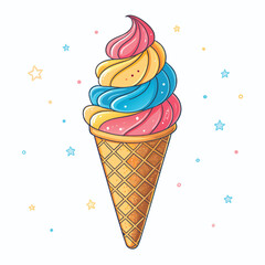 Melting ice cream with colorful candy sprinkles on wafer background. Waffle cone with dripping pink dessert texture. Minimal flat design for template banner, poster, label, Vector illustration