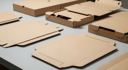 Closeup of unfolded cardboard boxes on a table, ready for assembly and packaging, showcasing the simplicity of packaging design