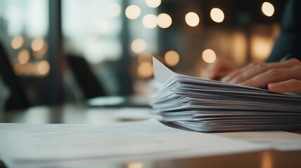 Close-up shot showcasing a large stack of papers on a table, hands poised above, indicating meticulous review or organization in a brightly lit office environment.