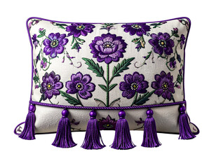  Decorative Bolster Pillow with Purple Tassels and Floral Embroidery transparent background.