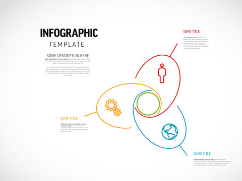 Minimalist infographic template featuring three interconnected elements with icons for person, gears, and globe. This minimalist infographic design is ideal for presenting data simply and clearly.