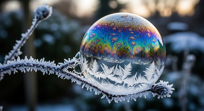 Frozen Soap Bubble Capturing Winters Magic and Iridescence Displaying Delicate Ice Crystals on a Cold Day
