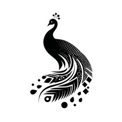 Fototapeta premium Stylized black and white peacock illustration, elegant decorative bird silhouette with intricate patterned feathers and minimalist design.