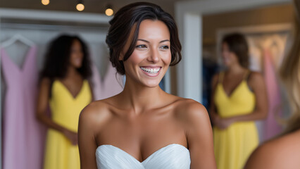 Happy bride in wedding dress fitting with friends around