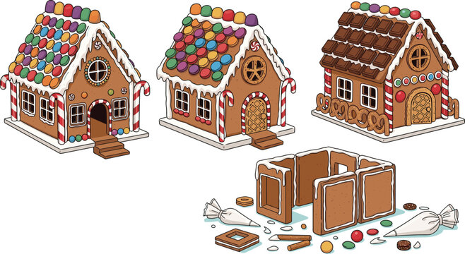 Set of beautiful hand-drawn festive Christmas elements with holly leaves, red berries, candy canes, and holiday greetings