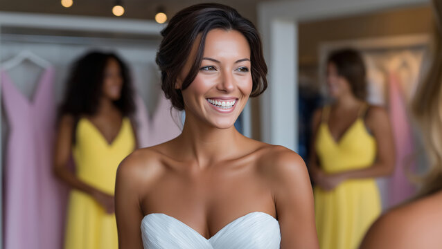 Happy bride in wedding dress fitting with friends around - Powered by Adobe