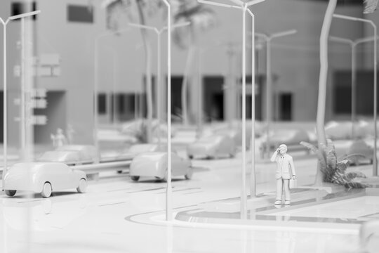 3D urban model detail with miniature businessman figure