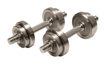 Fototapeta premium Two metal dumbbells with threaded collars on white background, gym workout concept