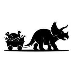 Whimsical Triceratops dinosaur pulling a wagon filled with delicious Thanksgiving dinner and autumn harvest bounty, a festive and unique design element for holiday projects